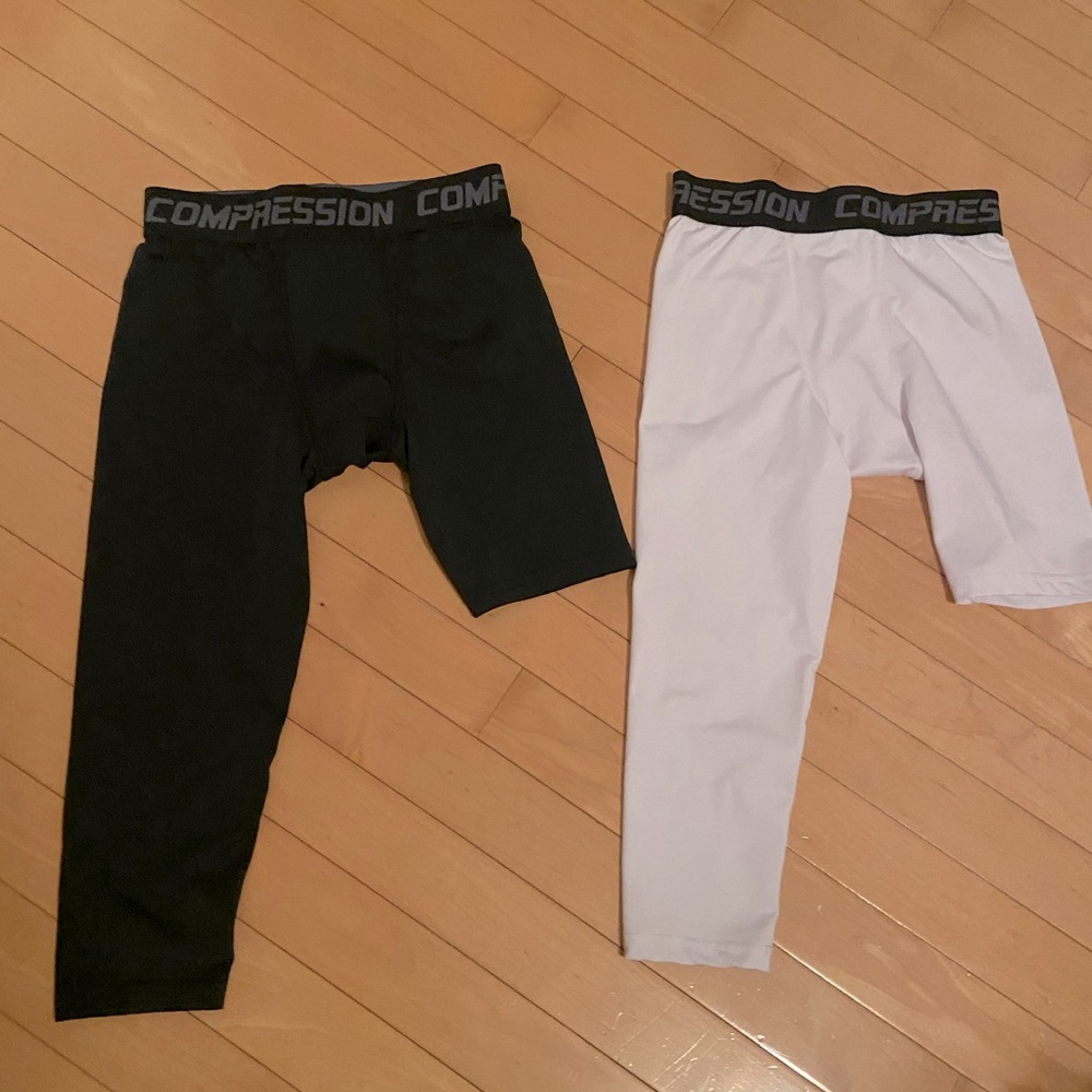 EACH WORN ONCE Kids Compression Pants 2 Black & White Size M Athletic Base Layer